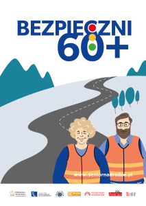 Plakat akcji BEZPIECZNI 60plus - ilustracja przedstawia dwie starsze osoby w kamizelkach odblaskowych